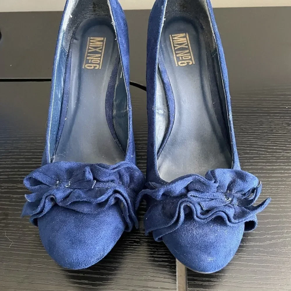 Mix No. 6 Olivia Blue Ruffle Toe Wedge Shoe, 9.5